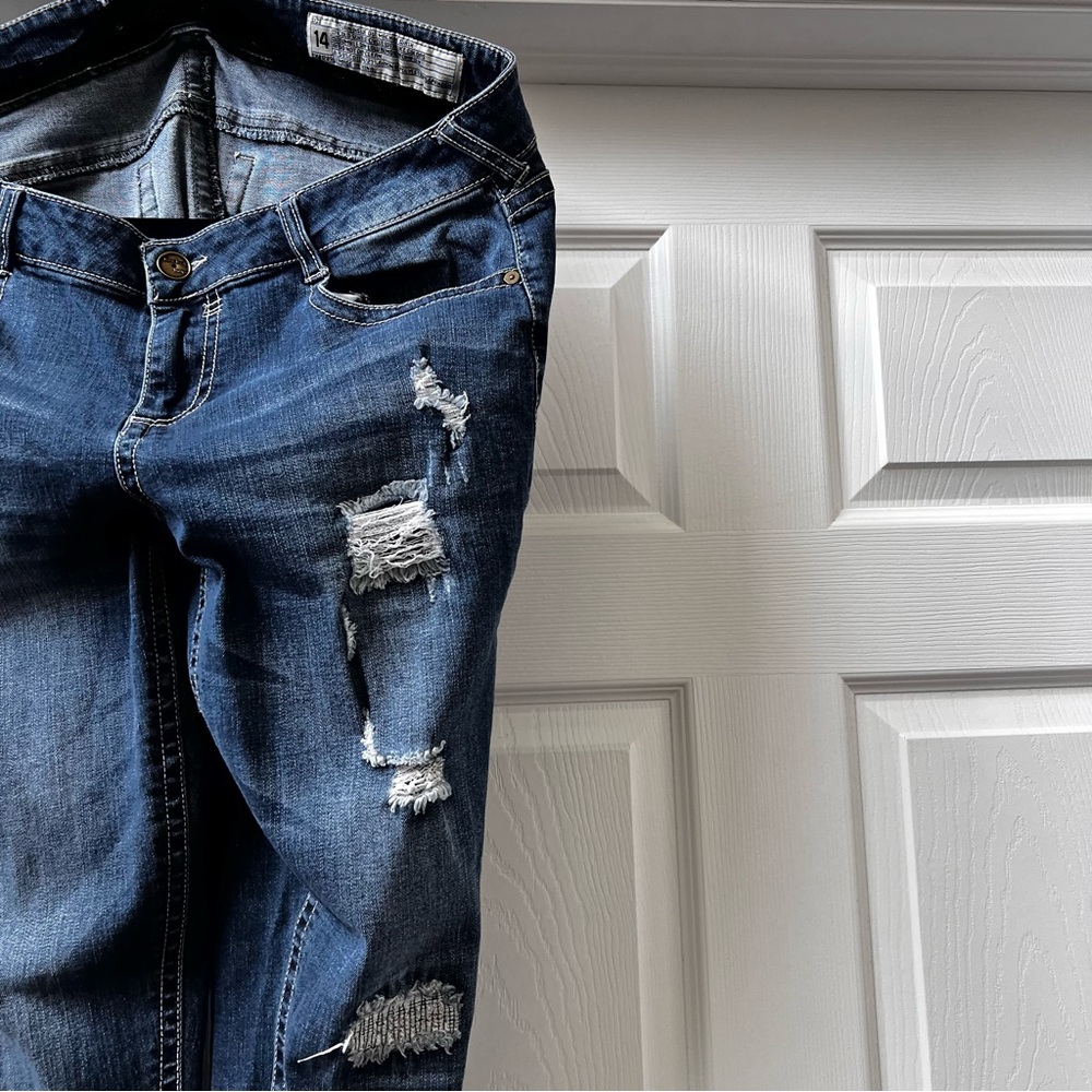 Rocks & Indigo Blue Denim Distressed Jeans, Size 14 - Picture 2 of 8
